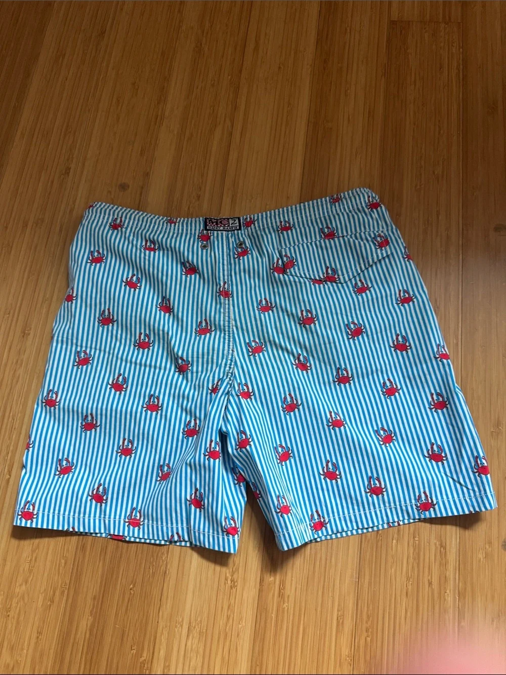 MC2 Saint Barth Kids Light Blue & White Striped Swim Shorts with Red Crab Print